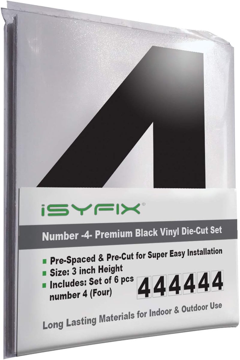 iSYFIX Black Vinyl Number 4 (Four) Stickers - 6 Pack 3 inch Self Adhesive - Premium Decal Die Cut & Pre-Spaced for Mailbox, Signs, Door, Cars, Trucks, Home, Business, Address Number, Indoor & Outdoor - Image 1
